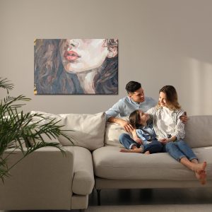 Peinture sur toile Portrait Of A Girl . Portrait Of A Young Beautiful Women With Red Lips. Fragment Of Oil Painting On Canvas. – Image 7