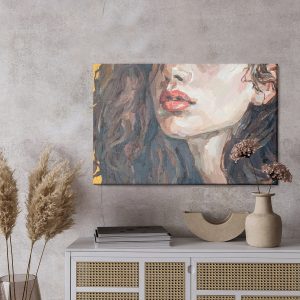 Peinture sur toile Portrait Of A Girl . Portrait Of A Young Beautiful Women With Red Lips. Fragment Of Oil Painting On Canvas. – Image 3