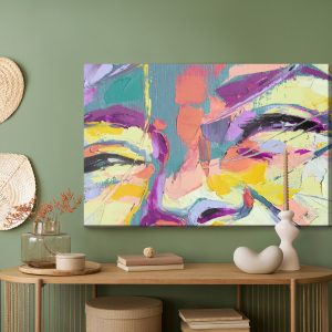 Peinture sur toile Oil Portrait Painting In Multicolored Tones. Abstract Picture Of A Beautiful Girl. Conceptual Closeup Of An Oil Painting And Palette Knife On Canvas. – Image 5