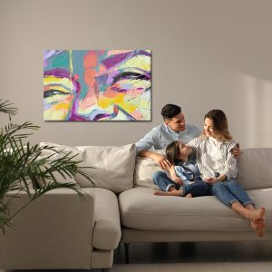 Peinture sur toile Oil Portrait Painting In Multicolored Tones. Abstract Picture Of A Beautiful Girl. Conceptual Closeup Of An Oil Painting And Palette Knife On Canvas. – Image 7