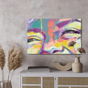 Peinture sur toile Oil Portrait Painting In Multicolored Tones. Abstract Picture Of A Beautiful Girl. Conceptual Closeup Of An Oil Painting And Palette Knife On Canvas. – Image 3