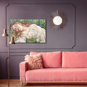 Peinture sur toile .A Red-Haired Beauty, A Young Girl Lies And Dreams On The Field Among Various Summer Grasses And Wildflowers. Oil Painting On Canvas. – Image 4