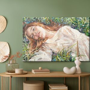 Peinture sur toile .A Red-Haired Beauty, A Young Girl Lies And Dreams On The Field Among Various Summer Grasses And Wildflowers. Oil Painting On Canvas. – Image 5