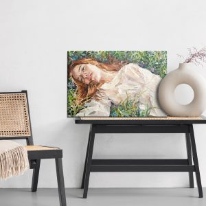 Peinture sur toile .A Red-Haired Beauty, A Young Girl Lies And Dreams On The Field Among Various Summer Grasses And Wildflowers. Oil Painting On Canvas. – Image 6