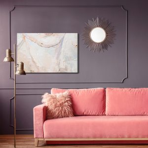 Peinture sur toile Young Girl With Beautiful Mysterious Blue Eyes . Primary Colors: White, Brown, Grey, Pink. – Image 4