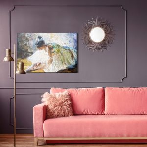 Peinture sur toile Little Girl, Ballerina In A Lush White Ballet Tutu, Tying Pointe Shoes In The Dance Class, Under Bright Daylight. The Background Is Created With Expressive Strokes. Oil Painting On Canvas. – Image 4