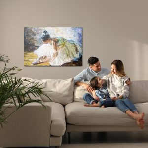 Peinture sur toile Little Girl, Ballerina In A Lush White Ballet Tutu, Tying Pointe Shoes In The Dance Class, Under Bright Daylight. The Background Is Created With Expressive Strokes. Oil Painting On Canvas. – Image 7