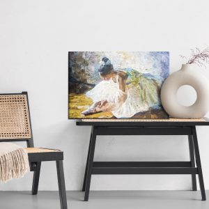 Peinture sur toile Little Girl, Ballerina In A Lush White Ballet Tutu, Tying Pointe Shoes In The Dance Class, Under Bright Daylight. The Background Is Created With Expressive Strokes. Oil Painting On Canvas. – Image 6