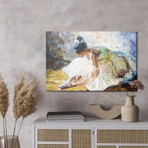 Peinture sur toile Little Girl, Ballerina In A Lush White Ballet Tutu, Tying Pointe Shoes In The Dance Class, Under Bright Daylight. The Background Is Created With Expressive Strokes. Oil Painting On Canvas. – Image 3