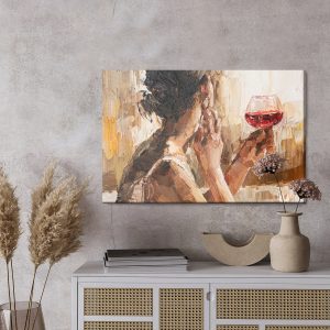 Peinture sur toile Fragment Of Artwork Where Beautiful Attractive Young Woman Holding A Glass Of Wine. Oil Painting On Canvas. – Image 3