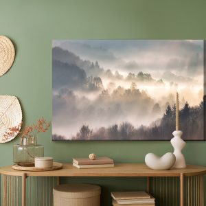 Peinture sur toile Mist In Forest With Sunbeam Rays, Woods Landscape – Image 5