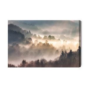 Peinture sur toile Mist In Forest With Sunbeam Rays, Woods Landscape – Image 2