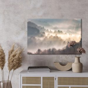 Peinture sur toile Mist In Forest With Sunbeam Rays, Woods Landscape – Image 3