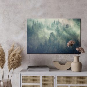 Peinture sur toile Misty Landscape With Fir Forest In Hipster Vintage Retro Style – Image 3