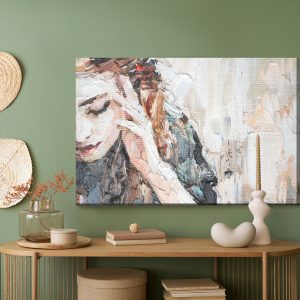 Peinture sur toile Portrait Of A Girl In A Cafe. Fragment Of An Oil Painting. Atractiv Art On Canvas. – Image 5