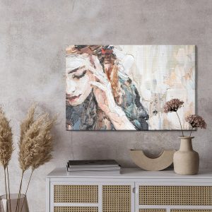 Peinture sur toile Portrait Of A Girl In A Cafe. Fragment Of An Oil Painting. Atractiv Art On Canvas. – Image 3