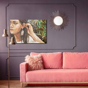 Peinture sur toile A Young Girl Is Sitting In An Ethnic White Dress. The Background Depicts An Autumn Field With Flowers And Herbs. Oil Painting On Canvas. – Image 4