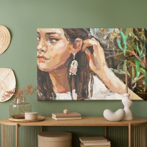 Peinture sur toile A Young Girl Is Sitting In An Ethnic White Dress. The Background Depicts An Autumn Field With Flowers And Herbs. Oil Painting On Canvas. – Image 5