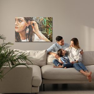 Peinture sur toile A Young Girl Is Sitting In An Ethnic White Dress. The Background Depicts An Autumn Field With Flowers And Herbs. Oil Painting On Canvas. – Image 7