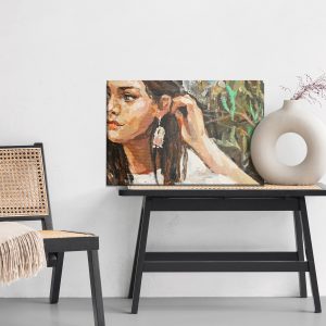 Peinture sur toile A Young Girl Is Sitting In An Ethnic White Dress. The Background Depicts An Autumn Field With Flowers And Herbs. Oil Painting On Canvas. – Image 6