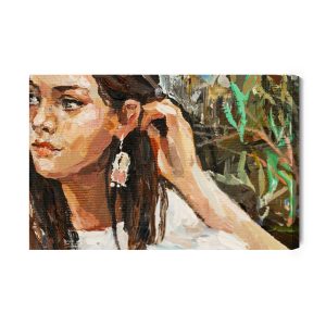 Peinture sur toile A Young Girl Is Sitting In An Ethnic White Dress. The Background Depicts An Autumn Field With Flowers And Herbs. Oil Painting On Canvas. – Image 2
