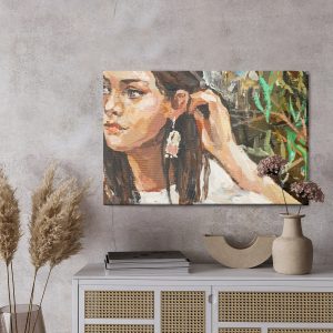Peinture sur toile A Young Girl Is Sitting In An Ethnic White Dress. The Background Depicts An Autumn Field With Flowers And Herbs. Oil Painting On Canvas. – Image 3