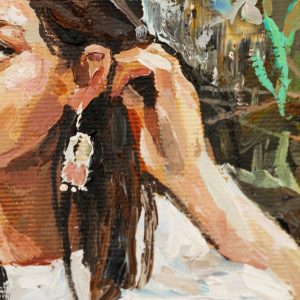 Peinture sur toile A Young Girl Is Sitting In An Ethnic White Dress. The Background Depicts An Autumn Field With Flowers And Herbs. Oil Painting On Canvas. – Image 1
