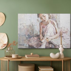 Peinture sur toile Little Ballerina With Curly Hair Sits And Fastens Pointe Shoes . Oil Painting, Palette Knife Technique And Brush. – Image 5