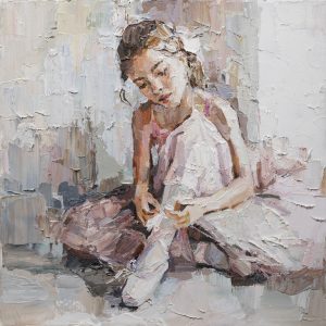 Peinture sur toile Little Ballerina With Curly Hair Sits And Fastens Pointe Shoes . Oil Painting, Palette Knife Technique And Brush. – Image 1