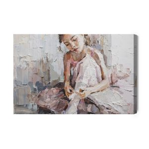 Peinture sur toile Little Ballerina With Curly Hair Sits And Fastens Pointe Shoes . Oil Painting, Palette Knife Technique And Brush. – Image 2