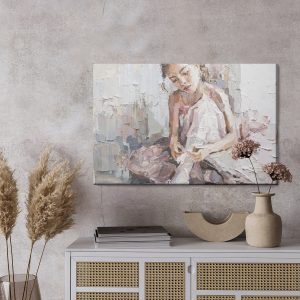 Peinture sur toile Little Ballerina With Curly Hair Sits And Fastens Pointe Shoes . Oil Painting, Palette Knife Technique And Brush. – Image 3