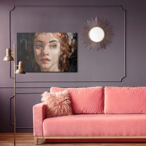 Peinture sur toile Portrait Of A Young, Dreamy Girl With Curly Brown Hair . Palette Knife Technique Of Oil Painting And Brush. – Image 4