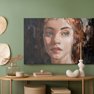 Peinture sur toile Portrait Of A Young, Dreamy Girl With Curly Brown Hair . Palette Knife Technique Of Oil Painting And Brush. – Image 5