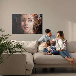 Peinture sur toile Portrait Of A Young, Dreamy Girl With Curly Brown Hair . Palette Knife Technique Of Oil Painting And Brush. – Image 7