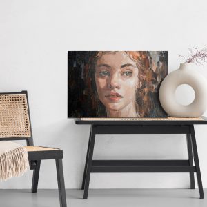 Peinture sur toile Portrait Of A Young, Dreamy Girl With Curly Brown Hair . Palette Knife Technique Of Oil Painting And Brush. – Image 6
