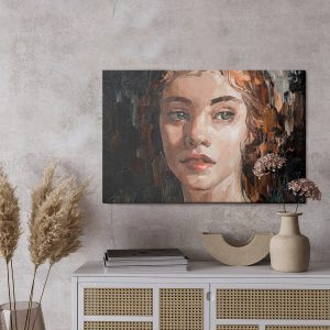 Peinture sur toile Portrait Of A Young, Dreamy Girl With Curly Brown Hair . Palette Knife Technique Of Oil Painting And Brush. – Image 3