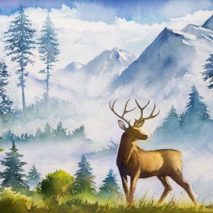 Peinture sur toile Paysage De Montagne Avec Cerf – Image 1