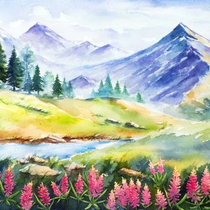 Peinture sur toile Paysage De Montagne Peint À L'aquarelle – Image 1