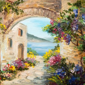 Peinture sur toile Maison Au Bord De La Mer Et Des Fleurs – Image 1