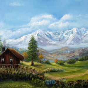 Peinture sur toile Maison Sur Fond De Paysage De Montagne – Image 1