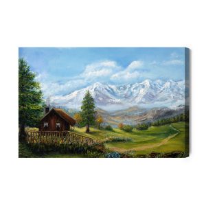 Peinture sur toile Maison Sur Fond De Paysage De Montagne – Image 2