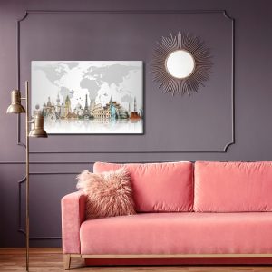 Peinture sur toile Bâtiments Célèbres Sur Le Fond De La Carte Du Monde – Image 4