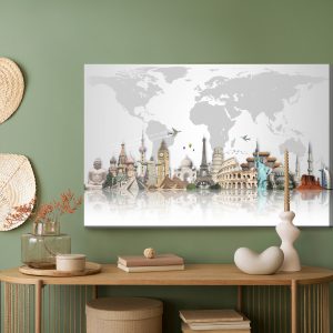 Peinture sur toile Bâtiments Célèbres Sur Le Fond De La Carte Du Monde – Image 5