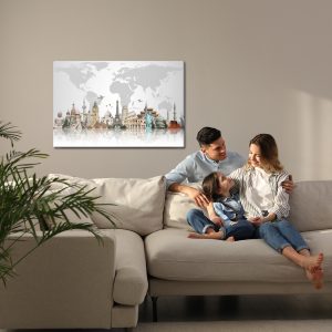 Peinture sur toile Bâtiments Célèbres Sur Le Fond De La Carte Du Monde – Image 7
