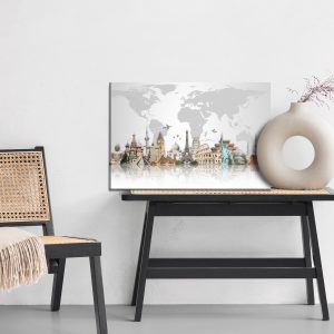 Peinture sur toile Bâtiments Célèbres Sur Le Fond De La Carte Du Monde – Image 6