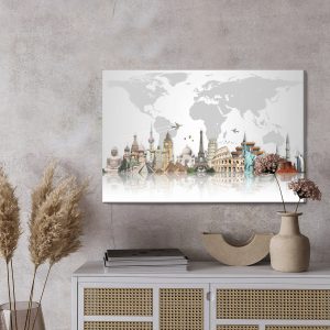 Peinture sur toile Bâtiments Célèbres Sur Le Fond De La Carte Du Monde – Image 3