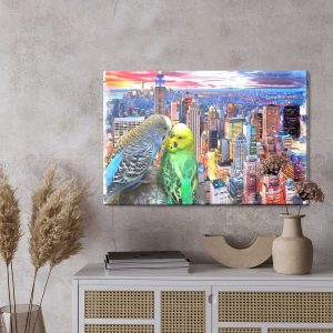 Peinture sur toile Perruches Ondulées Sur Fond De New York – Image 3