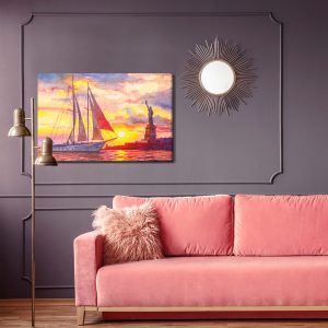 Peinture sur toile Voilier Et La Statue De La Liberté Au Coucher Du Soleil – Image 4