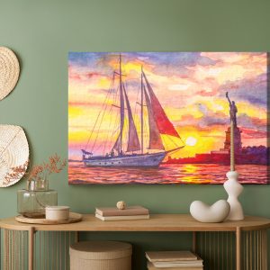Peinture sur toile Voilier Et La Statue De La Liberté Au Coucher Du Soleil – Image 5