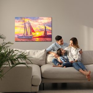 Peinture sur toile Voilier Et La Statue De La Liberté Au Coucher Du Soleil – Image 7